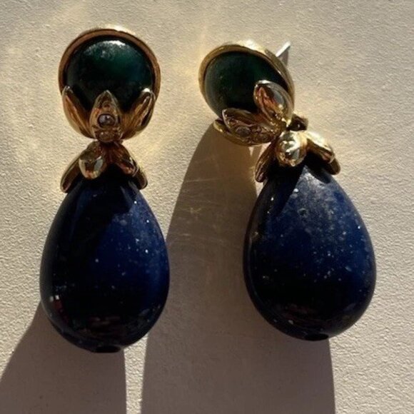 Vintage Neoclassical Faux Malacite & Faux Lapis Lazuli Gold Tone Earrings Boho - Picture 9 of 11